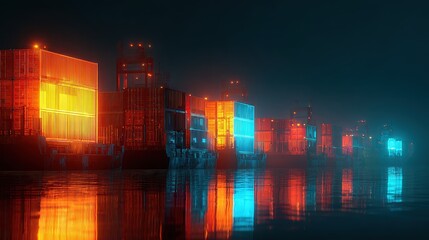 Glowing containers with barcode patterns loaded onto ship at night, modern inventory tracking concept.