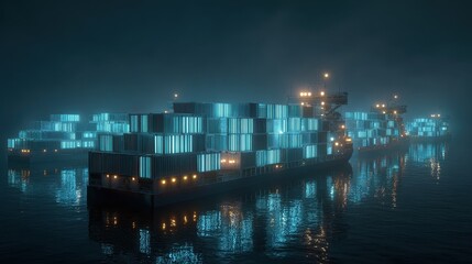 Glowing containers with barcode patterns loaded onto ship at night, modern inventory tracking concept.