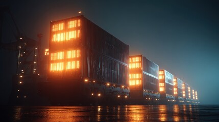 Glowing containers with barcode patterns loaded onto ship at night, modern inventory tracking concept.