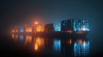 Glowing containers with barcode patterns loaded onto ship at night, modern inventory tracking concept.