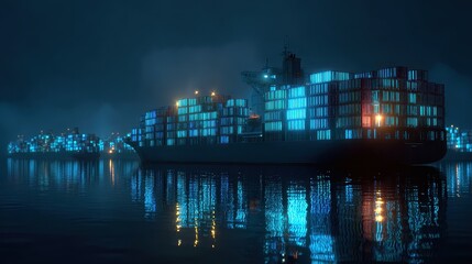 Glowing containers with barcode patterns loaded onto ship at night, modern inventory tracking concept.