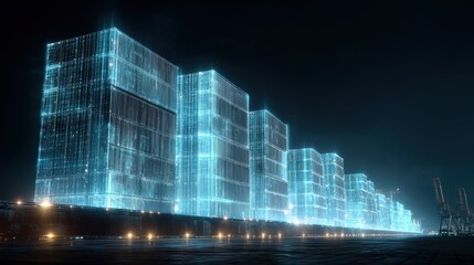 Glowing containers with barcode patterns loaded onto ship at night, modern inventory tracking concept.