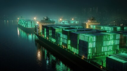 Glowing containers with barcode patterns loaded onto ship at night, modern inventory tracking concept.