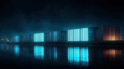 Glowing containers with barcode patterns loaded onto ship at night, modern inventory tracking concept.