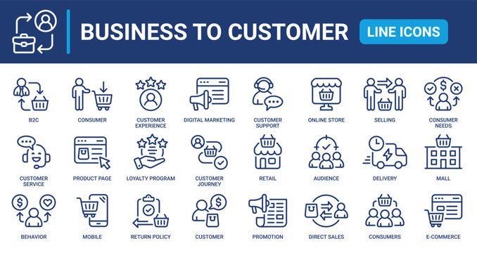 B2C line icon set. Business to consumer, e-commerce, digital marketing, customer experience, direct sales, customer service, retail, online store and more. Outline vector icons collection.