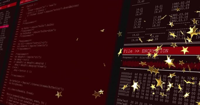Golden stars drifting swirling across code editor and File  ENCRYPTION banner showing process
