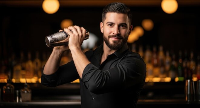 A bartender in a black shirt and hat, shaking a cocktail shaker in a dimly lit bar.