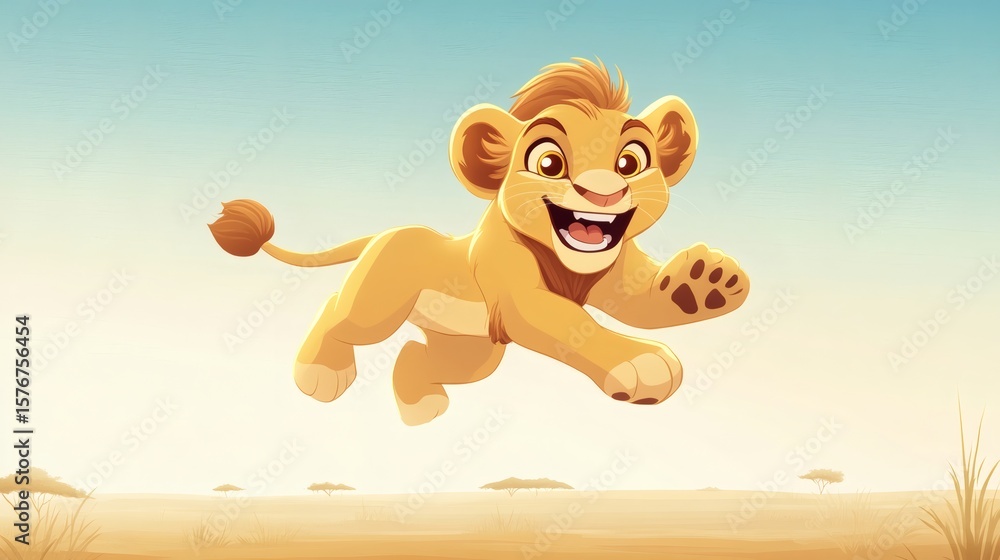 Poster an animated lion cub leaping with joy and a bright expression