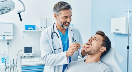 Fototapeta premium A male dentist examining a patient's teeth in a dental office.