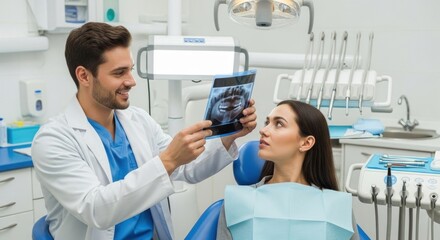 Obraz premium A male dentist examining a female patient in a dental office.