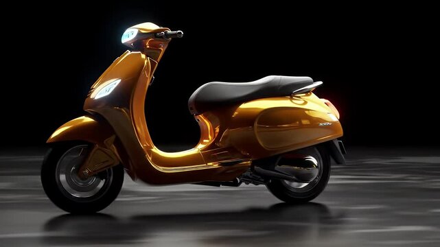 An eye-catching render of a polished, orange moped against a stark black background. It features a sleek design, visible lights, and a comfortable looking seat