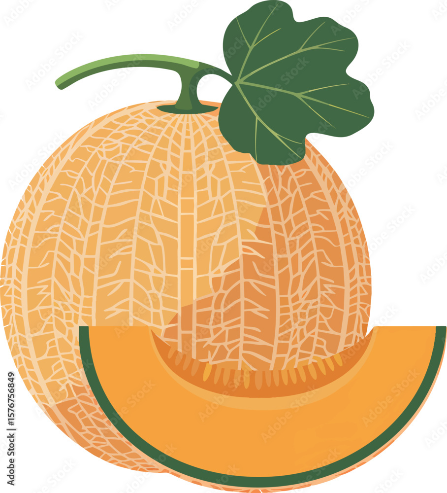 Poster a refreshing cantaloupe vector graphic with a slice and detailed texture on a transparent background