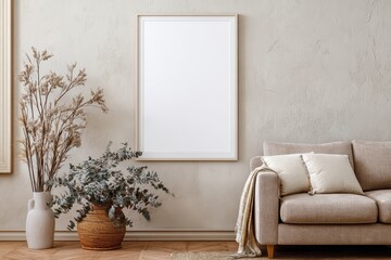 Empty Wall Frame Mockup in Cozy Living Room