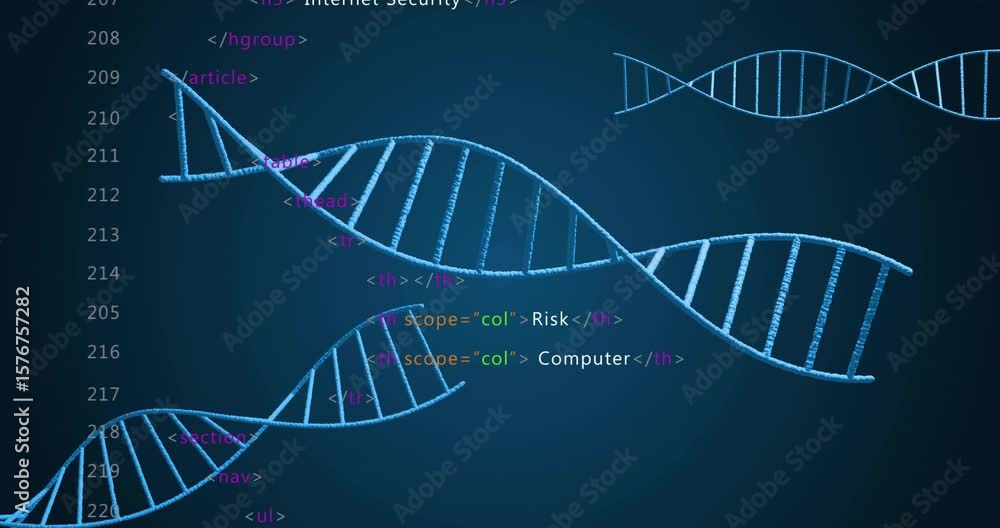Poster helix floating in from left, html tags fading and morphing, showing cyber security code progression