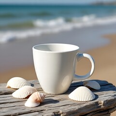White ceramic mug mockup placed on driftwood table with seashells and ocean waves blurred in background, coastal color palette