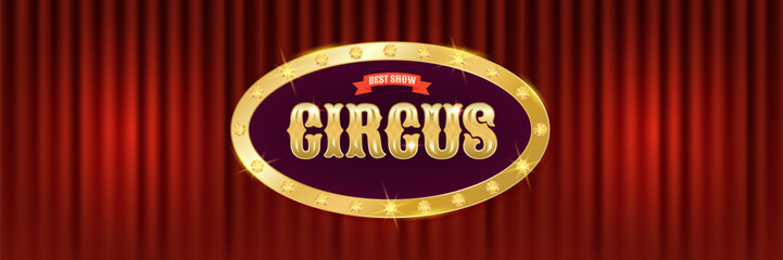 Horizontal circus banner with deep red curtain and golden emblem, ideal for online headers or web event banners. Vector illustration