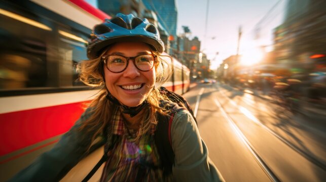 Happy Woman Smiling Cycling City Streetcar Commute Sunset