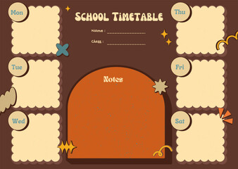 Whimsical school timetable with scalloped boxes, pastel tones, and a large section for student notes. Great for classroom wall charts or homework planning.