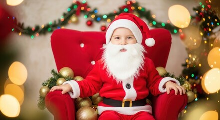 A young child dressed as Santa Claus, sitting in a chair with a festive Christmas backdrop.