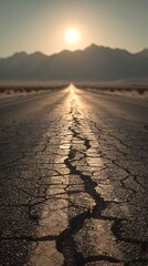 Fototapeta premium Cracked Road Leading to Mountains at Sunset Reflecting the Sun's Rays on the Asphalt