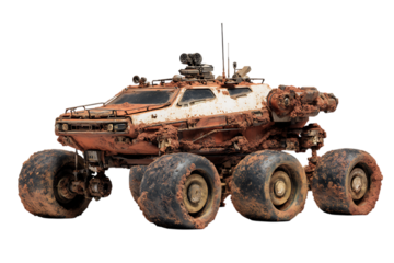 Rusty, six wheeled vehicle in a desolate landscape.