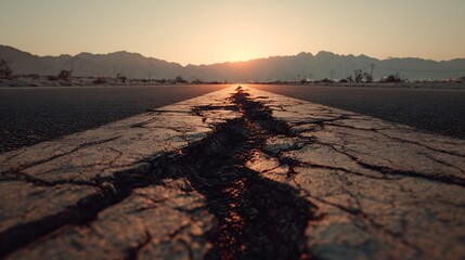 Obraz premium Cracked Road Leading to Mountain Range at Sunset Infrastructure Failure and Natural Beauty