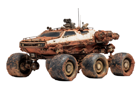 Rusty, six wheeled vehicle in a desolate landscape.