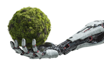 Robotic hand holding a sphere of green moss.