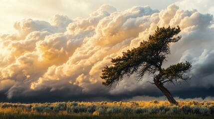 A solitary tree stands before dramatic sunlit cloud formations in the landscape
