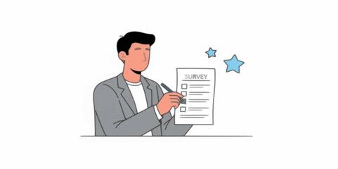 Fototapeta premium A flat vector illustration of a businessman in a suit holding a document or contract with a checkmark.