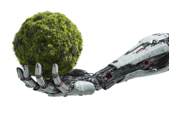 Robotic hand holding a sphere of green moss.