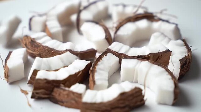 Close-up shot of chopped coconut pieces arranged on a white surface. The photo showcases the brown shells and white flesh