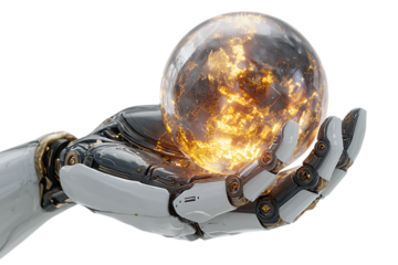 Robotic hand holding glowing Earth globe. AI, technology, future concept.