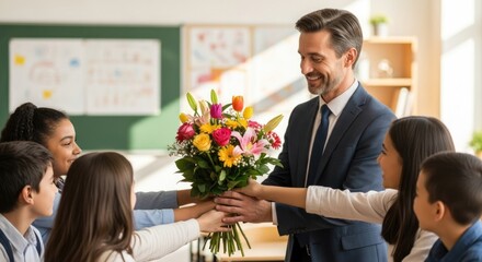 A teacher holding a bouquet of flowers in a classroom.