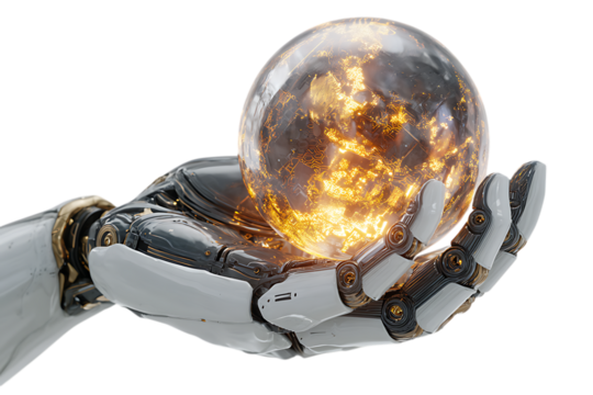 Robotic hand holding glowing Earth globe. AI, technology, future concept.