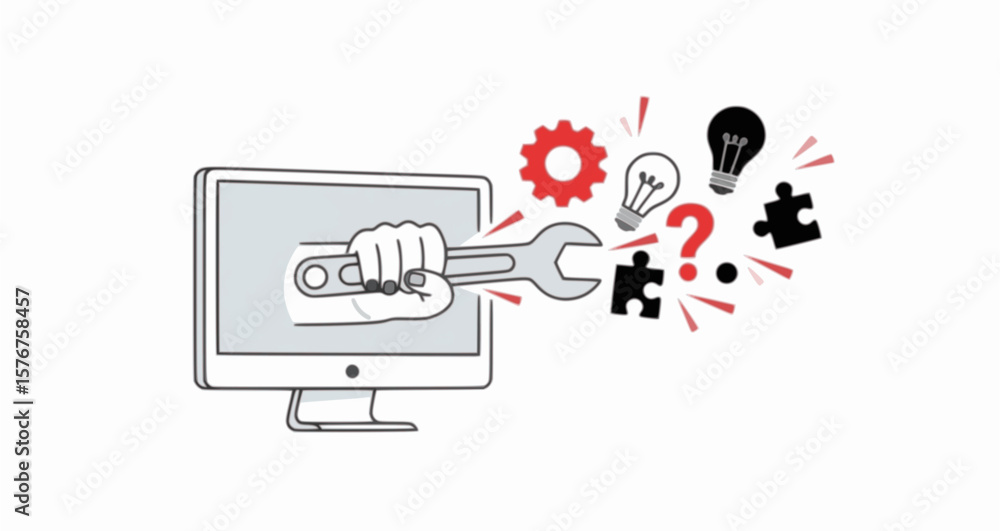 Poster an illustration of a computer monitor being punched by a fist, symbolizing a system crash or frustra