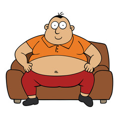 Overweight slob man slouched on couch, belly out, messy clothes, snacks in hand, blank stare at TV, embodying lazy couch potato lifestyle in a cluttered living room.
