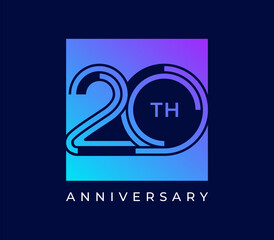20 Years Anniversary design vector illustration. Unique 20 years logo design template. In purple blue color	