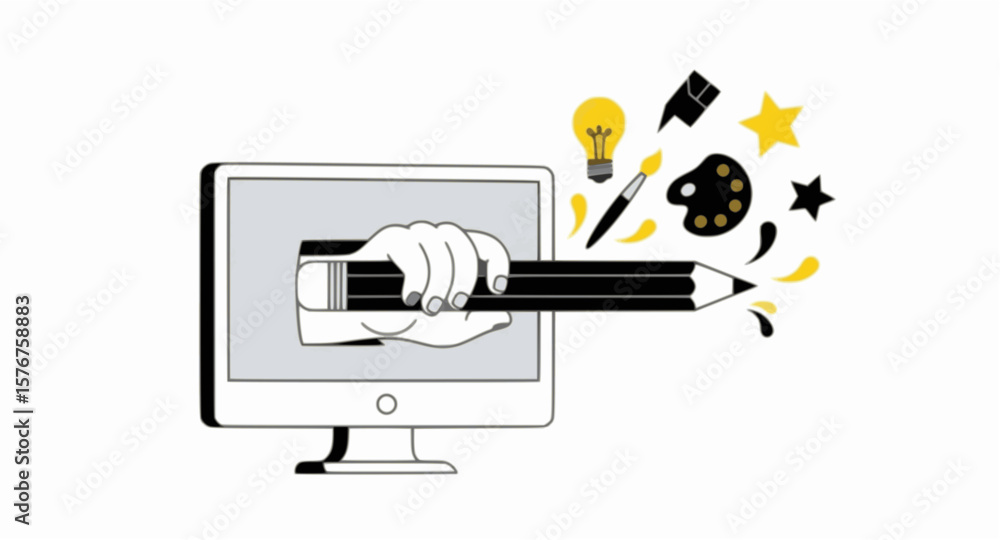 Poster an illustration of a hand reaching out from a computer screen, symbolizing digital interaction.