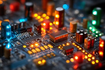 Obraz premium Detailed View of Illuminated Circuit Board with Integrated Circuits and Capacitors