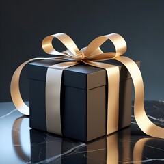 black luxury gift box with golden ribbon and bow background mockup in marble table
