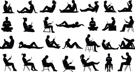 Silhouettes of people reading books or using digital tablets in seated and relaxed poses, perfect for education, learning, and lifestyle design