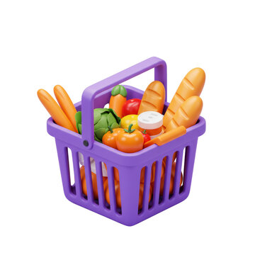 A small, purple shopping basket filled with various colorful fruits and vegetables, and bread rolls. isolated on a transparent background, png, cutout