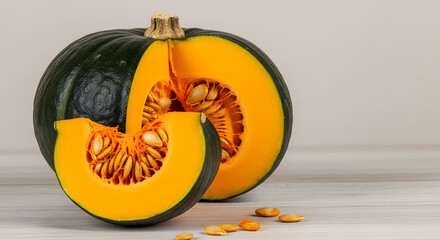 Sliced Kabocha Pumpkin with Seeds on Wooden Surface