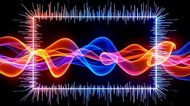 Digital glitch Border Frame pulsing in wave patterns unfurls with an enchanting grace, enveloped by a mesmerizing flow of colorful ribbons of light that ripple outward, enhancing the black