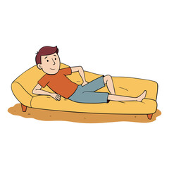 Young man lying on a sandy-colored couch, relaxed with one arm behind his head, legs stretched out, wearing casual clothes, enjoying a quiet, peaceful moment alone.
