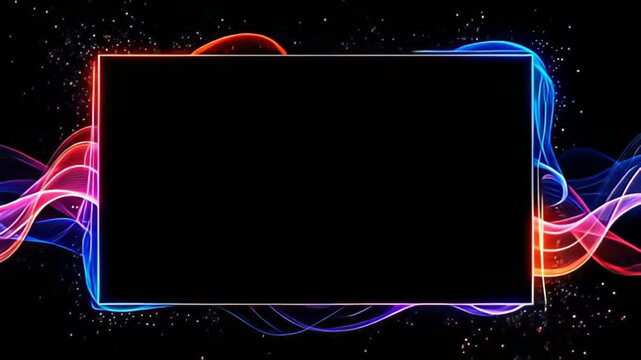 Envision a dynamic digital glitch Border Frame pulsing in wave patterns as multicolored light trails spiral elegantly around its edges, contrasting starkly with the pure black background,