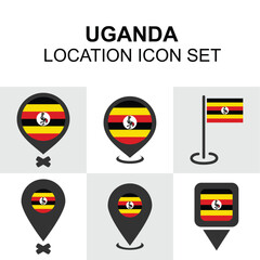 Colorful map markers featuring the Ugandan flag in various styles, perfect for travel, navigation, and educational uses.