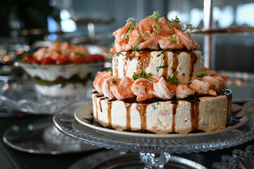 shrimp terrine with tare sauce, shrimp terrine, buffet food in restaurant, haute cuisine, close up of terrine	