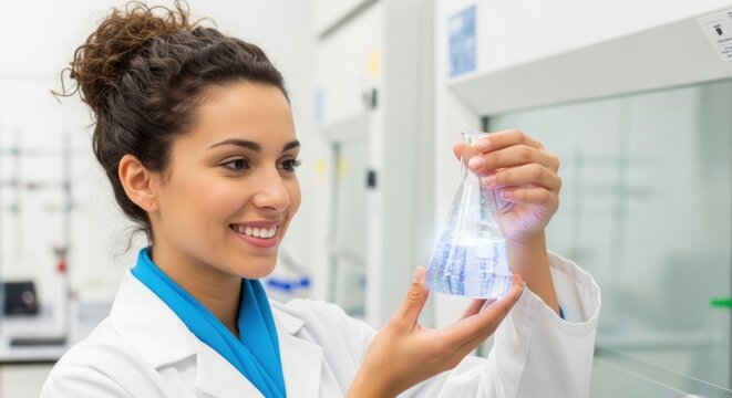 A woman in a lab coat holding a beaker with a liquid sample in a laboratory setting.